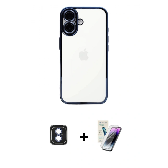 MARSİLYAN™- iPhone 16 Kılıf Vadi Minimal - Şeffaf Pasifik Cam Ekran Koruyucu + PVD Metal Kamera Lens - MI