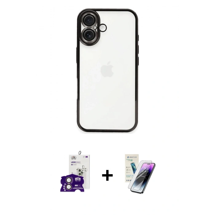 MARSİLYAN™- iPhone 16 Kılıf Vadi Minimal - Şeffaf Pasifik Cam Ekran Koruyucu + Bilvis Titan Kamera Lens - PE