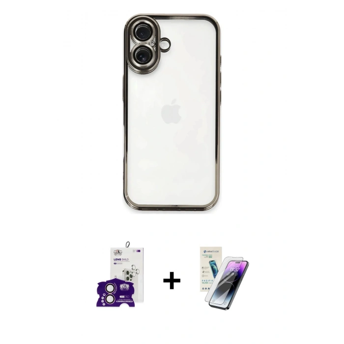 MARSİLYAN™- iPhone 16 Kılıf Vadi Minimal - Şeffaf Pasifik Cam Ekran Koruyucu + Bilvis Titan Kamera Lens - PE