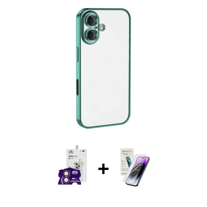 MARSİLYAN™- iPhone 16 Kılıf Vadi Minimal - Şeffaf Pasifik Cam Ekran Koruyucu + Bilvis Titan Kamera Lens - PE