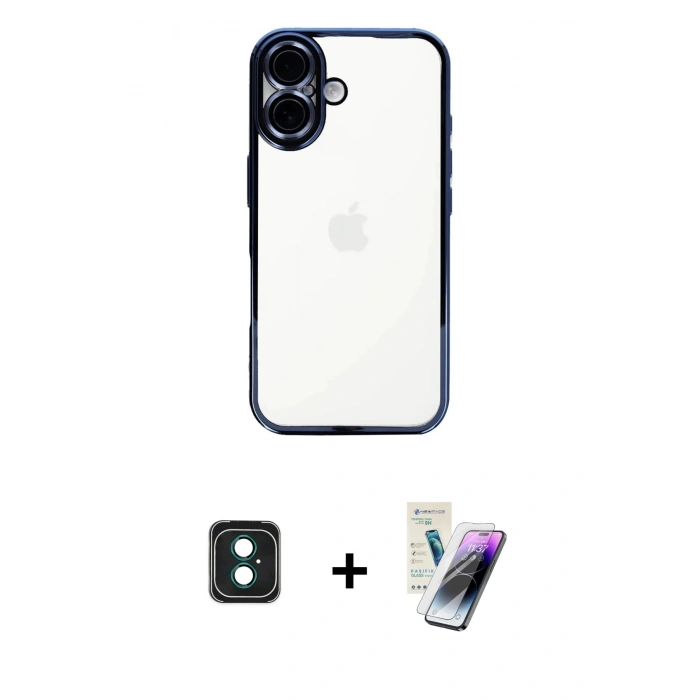 MARSİLYAN™- iPhone 16 Kılıf Vadi Minimal - Şeffaf Pasifik Cam Ekran Koruyucu + PVD Metal Kamera Lens - YL