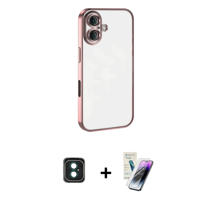 MARSİLYAN™- iPhone 16 Kılıf Vadi Minimal - Şeffaf Pasifik Cam Ekran Koruyucu + PVD Metal Kamera Lens - YL