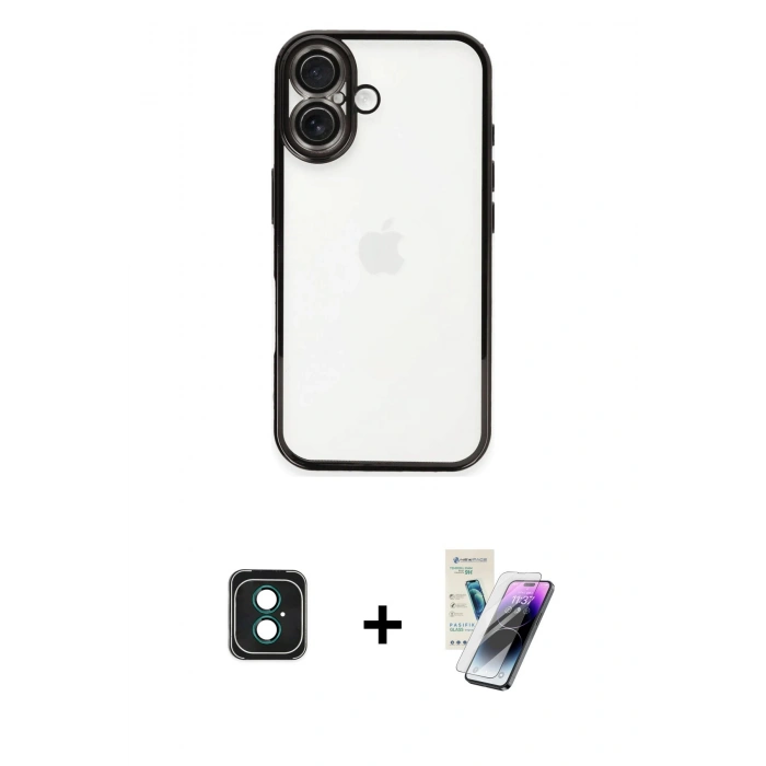 MARSİLYAN™- iPhone 16 Kılıf Vadi Minimal - Şeffaf Pasifik Cam Ekran Koruyucu + PVD Metal Kamera Lens - YL