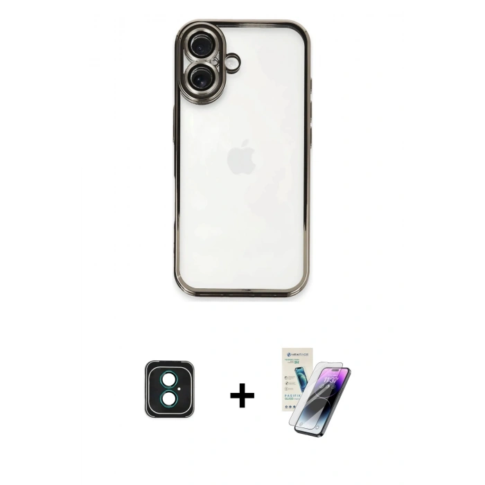 MARSİLYAN™- iPhone 16 Kılıf Vadi Minimal - Şeffaf Pasifik Cam Ekran Koruyucu + PVD Metal Kamera Lens - YL