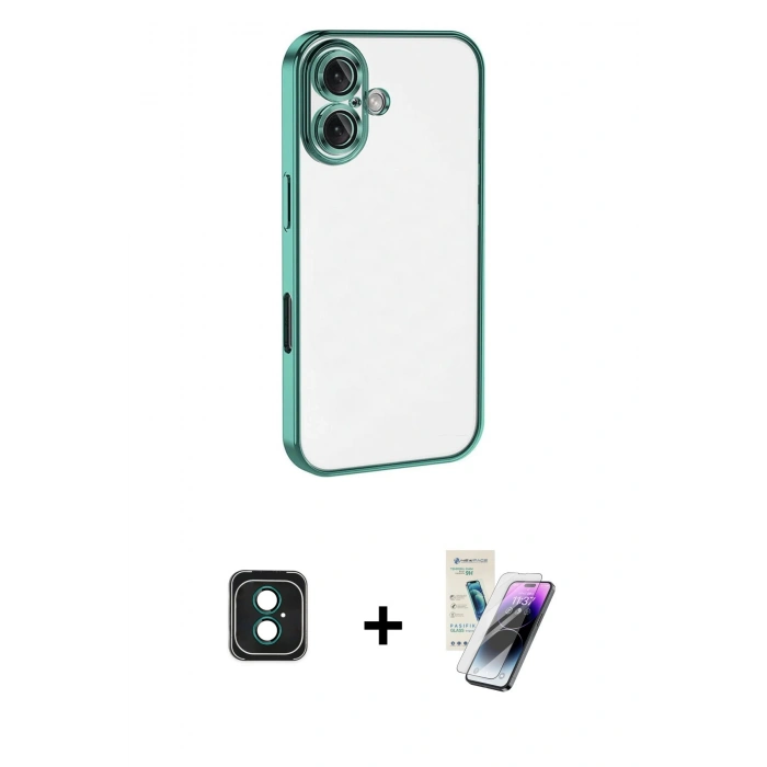 MARSİLYAN™- iPhone 16 Kılıf Vadi Minimal - Şeffaf Pasifik Cam Ekran Koruyucu + PVD Metal Kamera Lens - YL