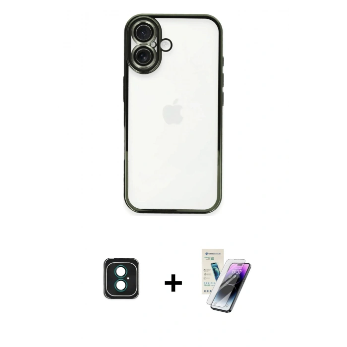 MARSİLYAN™- iPhone 16 Kılıf Vadi Minimal - Şeffaf Pasifik Cam Ekran Koruyucu + PVD Metal Kamera Lens - YL