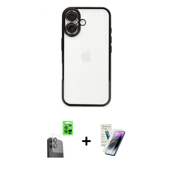 MARSİLYAN™- iPhone 16 Kılıf Vadi Minimal - Şeffaf Pasifik Cam Ekran Koruyucu + Raze Metal Kamera Lens - SH