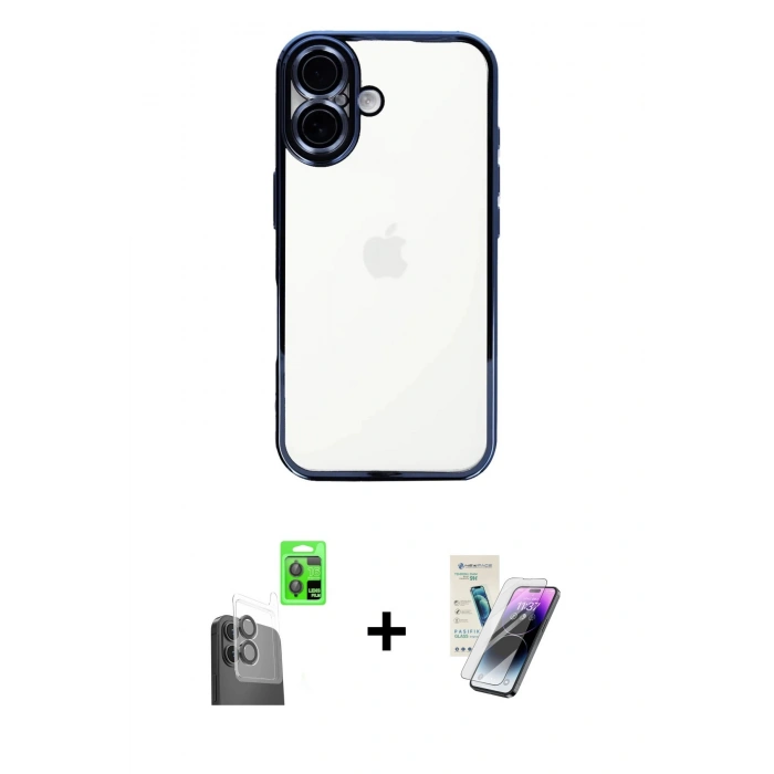 MARSİLYAN™- iPhone 16 Kılıf Vadi Minimal - Şeffaf Pasifik Cam Ekran Koruyucu + Raze Metal Kamera Lens - SH
