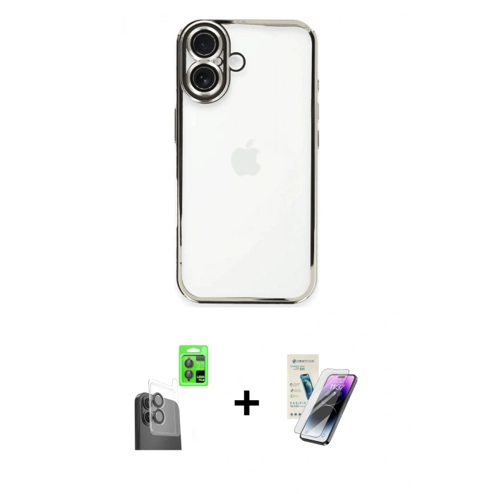 MARSİLYAN™- iPhone 16 Kılıf Vadi Minimal - Şeffaf Pasifik Cam Ekran Koruyucu + Raze Metal Kamera Lens - SH