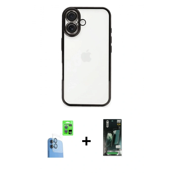 MARSİLYAN™- iPhone 16 Kılıf Vadi Minimal - Siyah 360 Mat Full Body Arka Koruyucu + Raze Metal Kamera Lens - LT