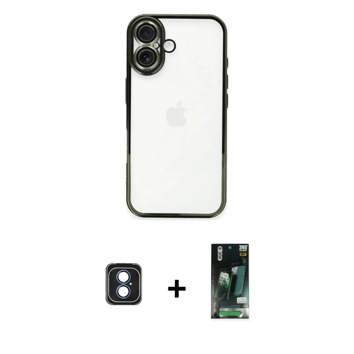 MARSİLYAN™- iPhone 16 Kılıf Vadi Minimal - Siyah 360 Mat Full Body Arka Koruyucu + PVD Metal Kamera Lens - MI