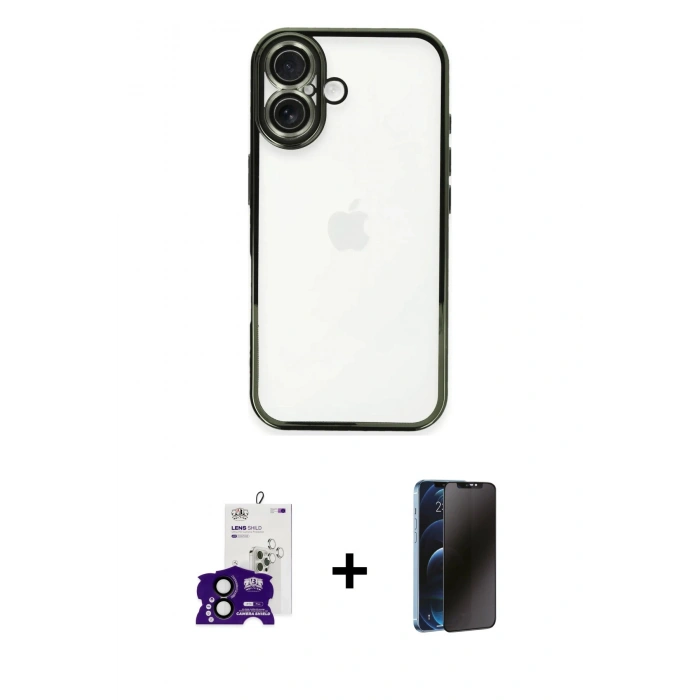 MARSİLYAN™- iPhone 16 Kılıf Vadi Minimal - Siyah 3D Antistatik Hayalet Cam Ekran Koruyucu + Bilvis Titan Kamera Lens - SH