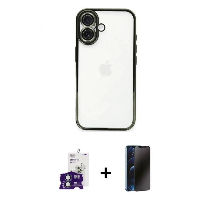 MARSİLYAN™- iPhone 16 Kılıf Vadi Minimal - Siyah 3D Antistatik Hayalet Cam Ekran Koruyucu + Bilvis Titan Kamera Lens - YL