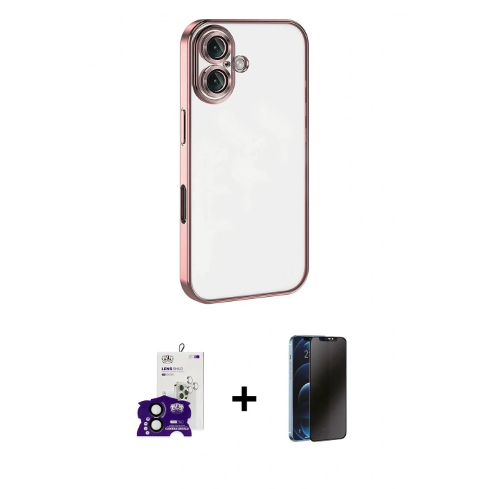 MARSİLYAN™- iPhone 16 Kılıf Vadi Minimal - Siyah 3D Antistatik Hayalet Cam Ekran Koruyucu + Bilvis Titan Kamera Lens - SH