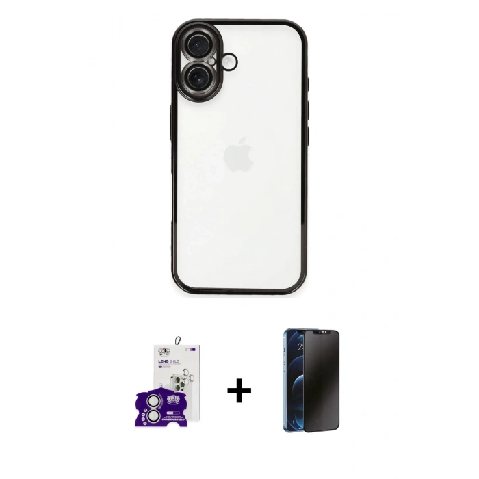 MARSİLYAN™- iPhone 16 Kılıf Vadi Minimal - Siyah 3D Antistatik Hayalet Cam Ekran Koruyucu + Bilvis Titan Kamera Lens - GS