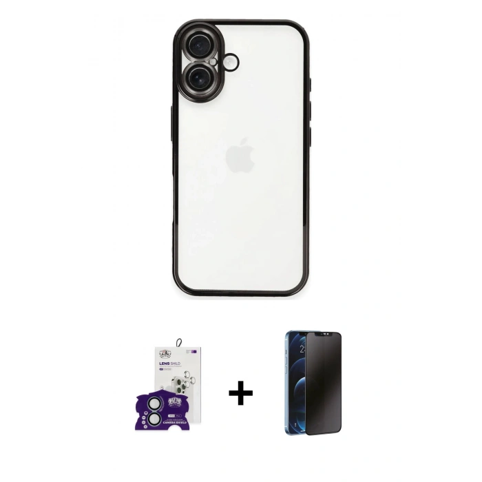 MARSİLYAN™- iPhone 16 Kılıf Vadi Minimal - Siyah 3D Antistatik Hayalet Cam Ekran Koruyucu + Bilvis Titan Kamera Lens - YL
