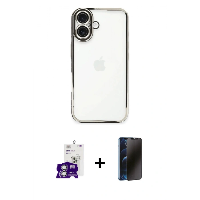 MARSİLYAN™- iPhone 16 Kılıf Vadi Minimal - Siyah 3D Antistatik Hayalet Cam Ekran Koruyucu + Bilvis Titan Kamera Lens - GS