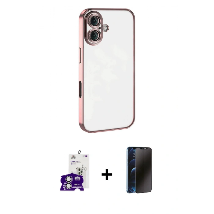 MARSİLYAN™- iPhone 16 Kılıf Vadi Minimal - Siyah 3D Antistatik Hayalet Cam Ekran Koruyucu + Bilvis Titan Kamera Lens - GS
