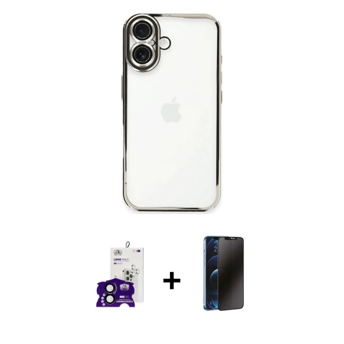 MARSİLYAN™- iPhone 16 Kılıf Vadi Minimal - Siyah 3D Antistatik Hayalet Cam Ekran Koruyucu + Bilvis Titan Kamera Lens - SH