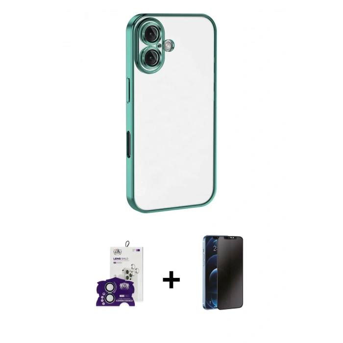 MARSİLYAN™- iPhone 16 Kılıf Vadi Minimal - Siyah 3D Antistatik Hayalet Cam Ekran Koruyucu + Bilvis Titan Kamera Lens - YL