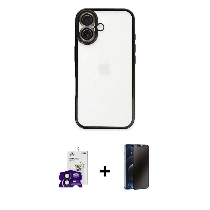 MARSİLYAN™- iPhone 16 Kılıf Vadi Minimal - Siyah 3D Antistatik Hayalet Cam Ekran Koruyucu + Bilvis Titan Kamera Lens - SH