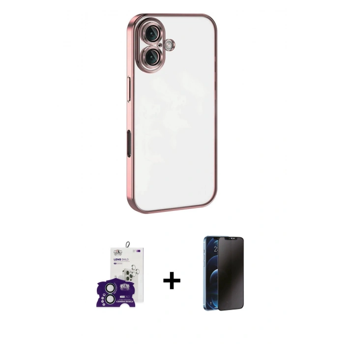 MARSİLYAN™- iPhone 16 Kılıf Vadi Minimal - Siyah 3D Antistatik Hayalet Cam Ekran Koruyucu + Bilvis Titan Kamera Lens - YL