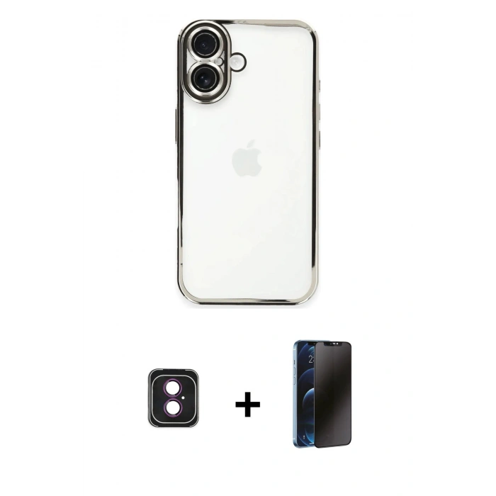 MARSİLYAN™- iPhone 16 Kılıf Vadi Minimal - Siyah 3D Antistatik Hayalet Cam Ekran Koruyucu + PVD Metal Kamera Lens - PE