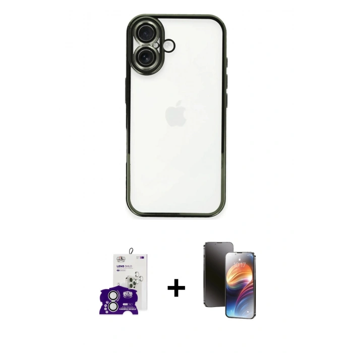 MARSİLYAN™- iPhone 16 Kılıf Vadi Minimal - Siyah 3D Antistatik Mat Seramik Nano Ekran Koruyucu + Bilvis Titan Kamera Lens - GS