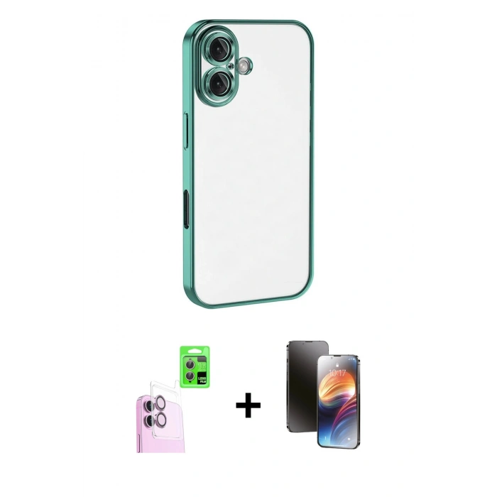 MARSİLYAN™- iPhone 16 Kılıf Vadi Minimal - Siyah 3D Antistatik Mat Seramik Nano Ekran Koruyucu + Pembe Raze Metal Kamera Lens