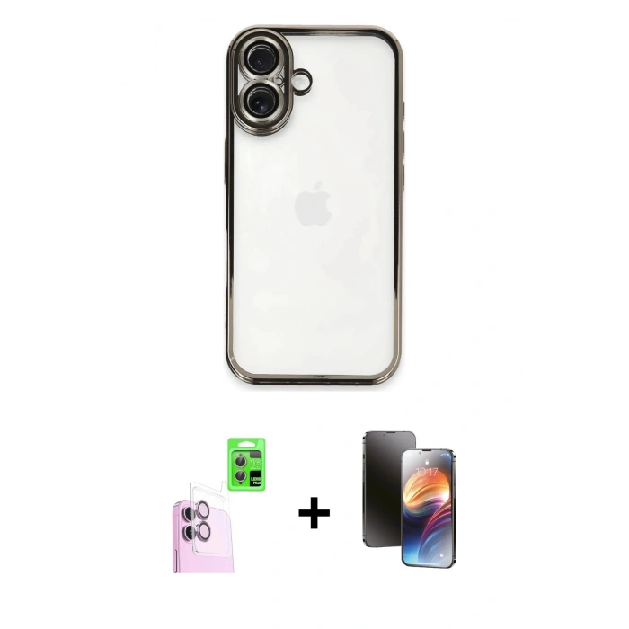 MARSİLYAN™- iPhone 16 Kılıf Vadi Minimal - Siyah 3D Antistatik Mat Seramik Nano Ekran Koruyucu + Pembe Raze Metal Kamera Lens