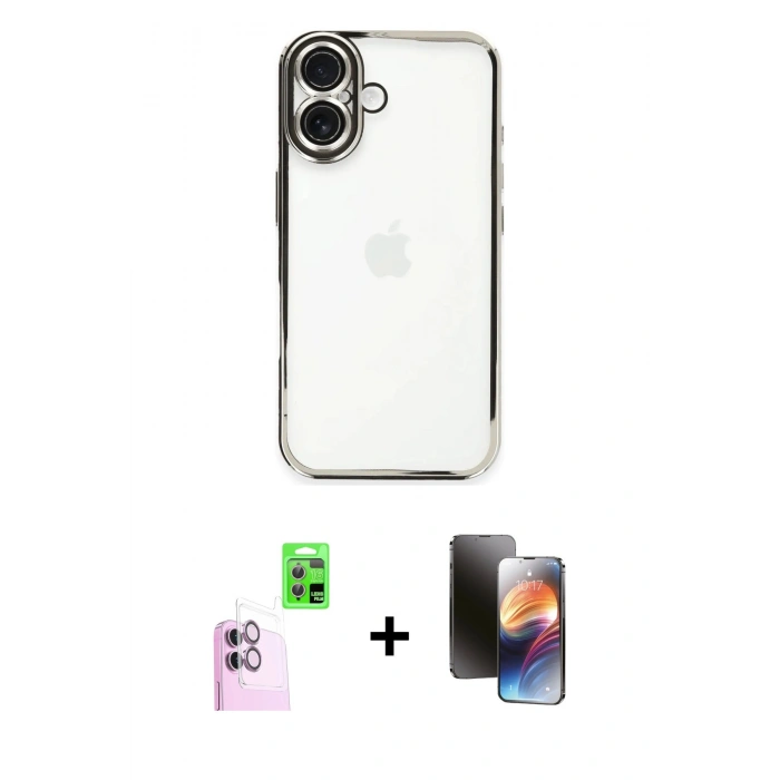 MARSİLYAN™- iPhone 16 Kılıf Vadi Minimal - Siyah 3D Antistatik Mat Seramik Nano Ekran Koruyucu + Pembe Raze Metal Kamera Lens
