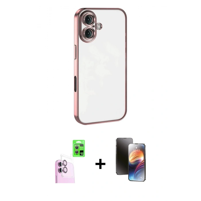 MARSİLYAN™- iPhone 16 Kılıf Vadi Minimal - Siyah 3D Antistatik Mat Seramik Nano Ekran Koruyucu + Pembe Raze Metal Kamera Lens