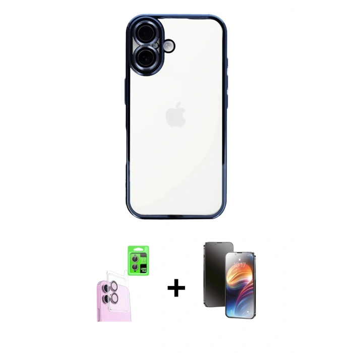 MARSİLYAN™- iPhone 16 Kılıf Vadi Minimal - Siyah 3D Antistatik Mat Seramik Nano Ekran Koruyucu + Pembe Raze Metal Kamera Lens