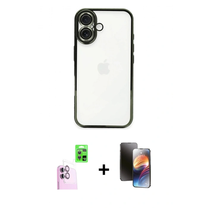 MARSİLYAN™- iPhone 16 Kılıf Vadi Minimal - Siyah 3D Antistatik Mat Seramik Nano Ekran Koruyucu + Pembe Raze Metal Kamera Lens