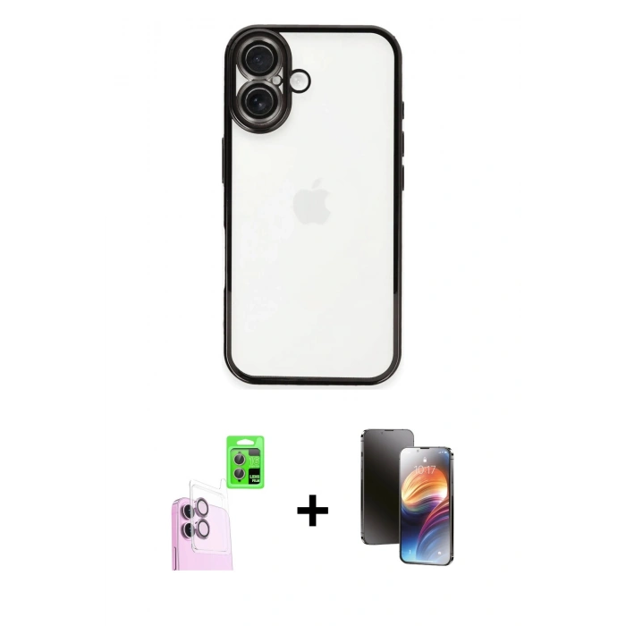 MARSİLYAN™- iPhone 16 Kılıf Vadi Minimal - Siyah 3D Antistatik Mat Seramik Nano Ekran Koruyucu + Pembe Raze Metal Kamera Lens