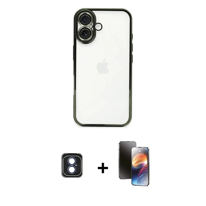 MARSİLYAN™- iPhone 16 Kılıf Vadi Minimal - Siyah 3D Antistatik Mat Seramik Nano Ekran Koruyucu + PVD Metal Kamera Lens - MI
