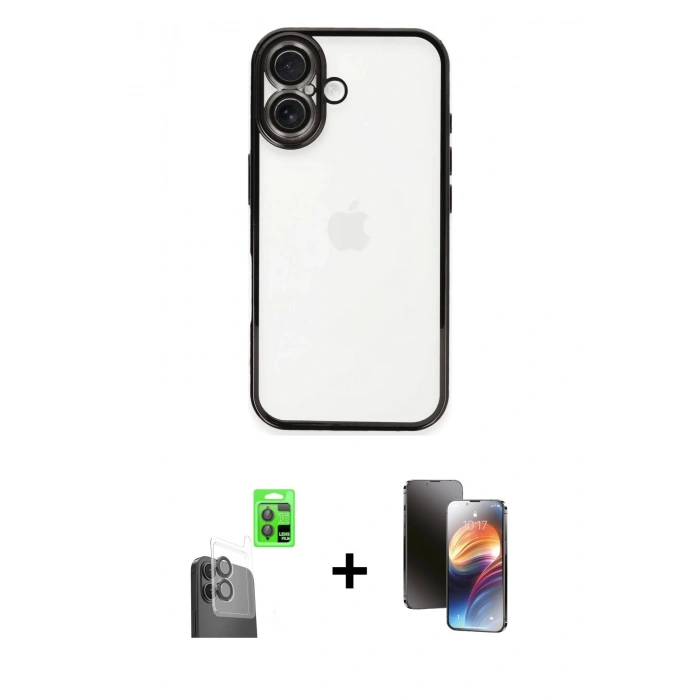 MARSİLYAN™- iPhone 16 Kılıf Vadi Minimal - Siyah 3D Antistatik Mat Seramik Nano Ekran Koruyucu + Raze Metal Kamera Lens - SH