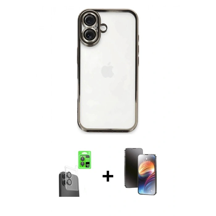 MARSİLYAN™- iPhone 16 Kılıf Vadi Minimal - Siyah 3D Antistatik Mat Seramik Nano Ekran Koruyucu + Raze Metal Kamera Lens - SH