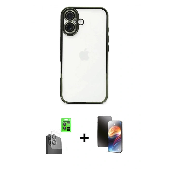 MARSİLYAN™- iPhone 16 Kılıf Vadi Minimal - Siyah 3D Antistatik Mat Seramik Nano Ekran Koruyucu + Raze Metal Kamera Lens - SH