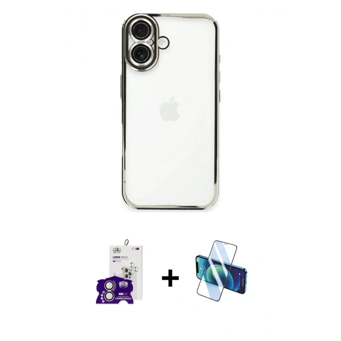 MARSİLYAN™- iPhone 16 Kılıf Vadi Minimal - Siyah 3D Antistatik Seramik Nano Ekran Koruyucu + Gümüş Bilvis Titan Kamera Lens