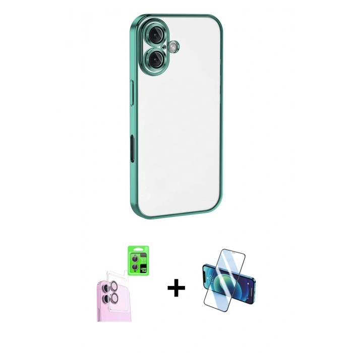 MARSİLYAN™- iPhone 16 Kılıf Vadi Minimal - Siyah 3D Antistatik Seramik Nano Ekran Koruyucu + Raze Metal Kamera Lens - PE
