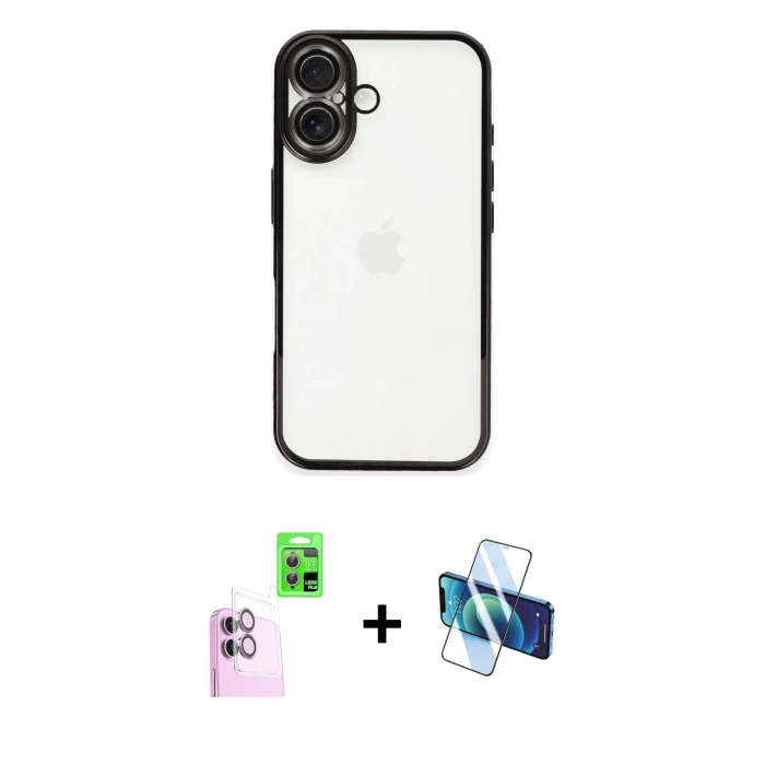 MARSİLYAN™- iPhone 16 Kılıf Vadi Minimal - Siyah 3D Antistatik Seramik Nano Ekran Koruyucu + Raze Metal Kamera Lens - PE