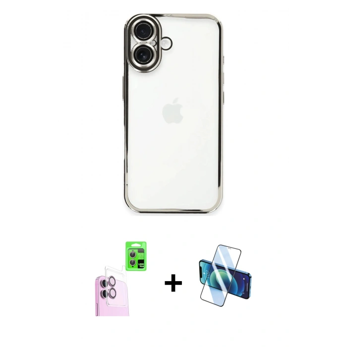 MARSİLYAN™- iPhone 16 Kılıf Vadi Minimal - Siyah 3D Antistatik Seramik Nano Ekran Koruyucu + Raze Metal Kamera Lens - PE