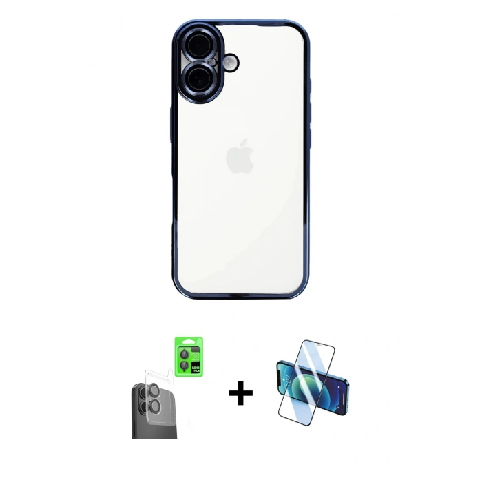 MARSİLYAN™- iPhone 16 Kılıf Vadi Minimal - Siyah 3D Antistatik Seramik Nano Ekran Koruyucu + Raze Metal Kamera Lens - SH