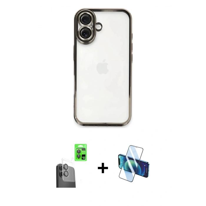MARSİLYAN™- iPhone 16 Kılıf Vadi Minimal - Siyah 3D Antistatik Seramik Nano Ekran Koruyucu + Raze Metal Kamera Lens - SH