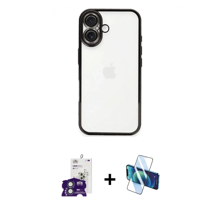 MARSİLYAN™- iPhone 16 Kılıf Vadi Minimal - Siyah 3D Antistatik Seramik Nano Ekran Koruyucu + Bilvis Titan Kamera Lens - YL