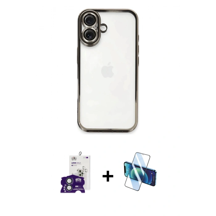 MARSİLYAN™- iPhone 16 Kılıf Vadi Minimal - Siyah 3D Antistatik Seramik Nano Ekran Koruyucu + Bilvis Titan Kamera Lens - YL