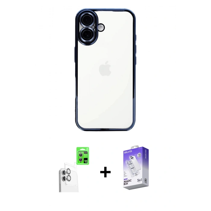MARSİLYAN™- iPhone 16 Kılıf Vadi Minimal - Siyah Bilvis 5in1 3D Magic Cam Ekran Koruyucu + Beyaz Raze Metal Kamera Lens