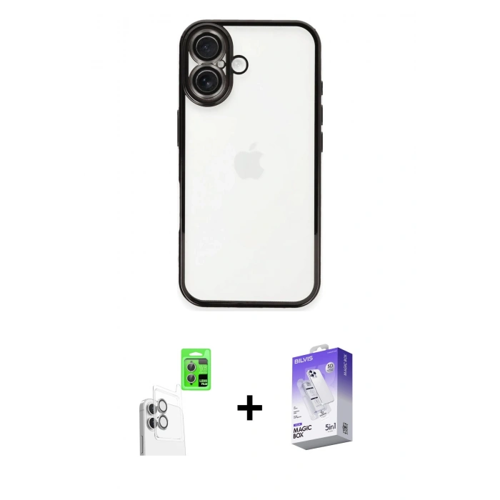 MARSİLYAN™- iPhone 16 Kılıf Vadi Minimal - Siyah Bilvis 5in1 3D Magic Cam Ekran Koruyucu + Beyaz Raze Metal Kamera Lens
