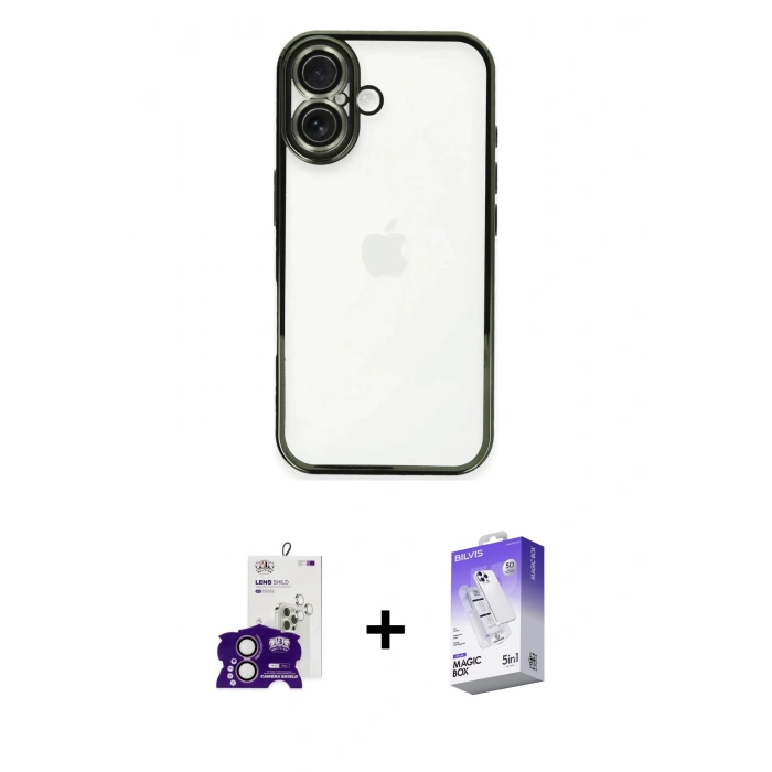 MARSİLYAN™- iPhone 16 Kılıf Vadi Minimal - Siyah Bilvis 5in1 3D Magic Cam Ekran Koruyucu + Bilvis Titan Kamera Lens - PE